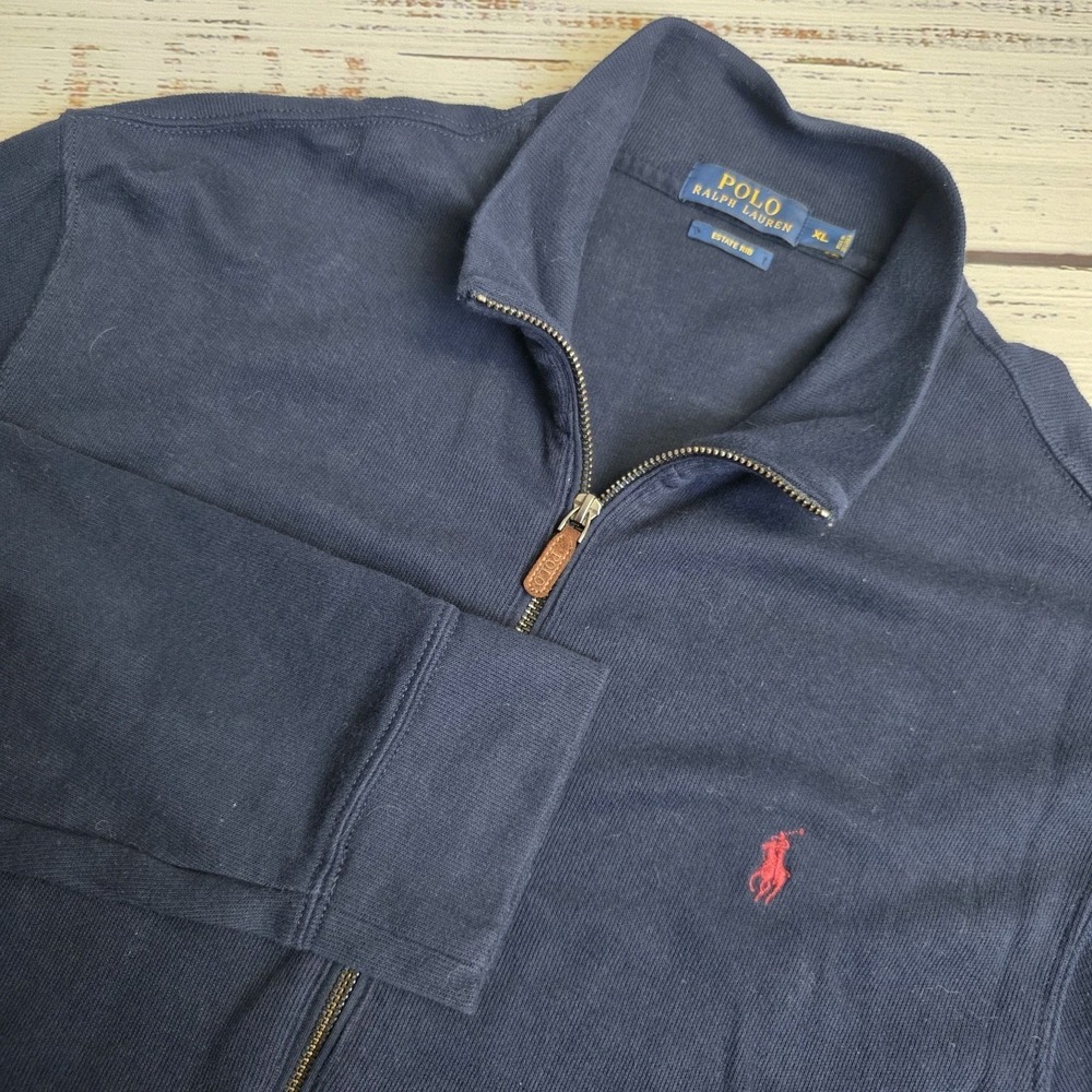 Polo Ralph Lauren Full Zip Estate Ribbed Sweater Mens XL‎ Navy Blue Knit Pockets